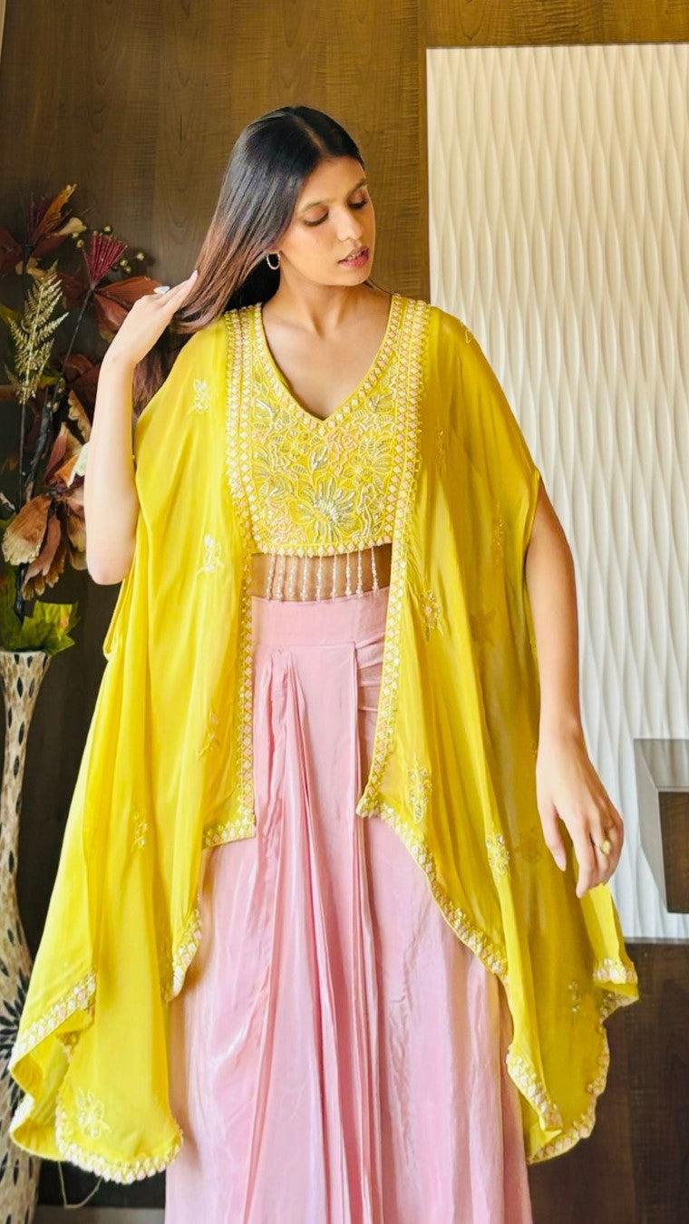 Yellow Extended Cape Choli Set