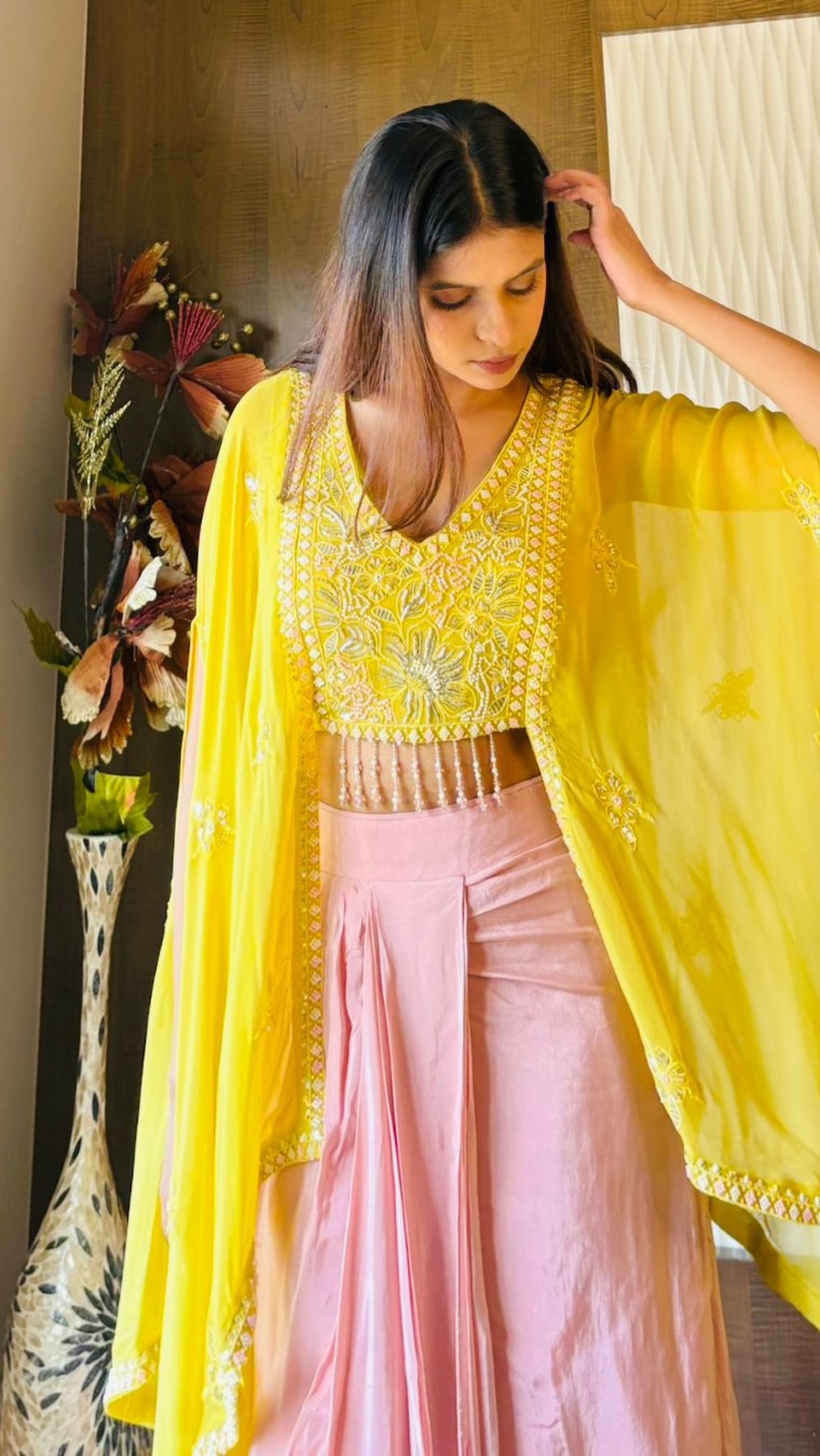 Yellow Extended Cape Choli Set