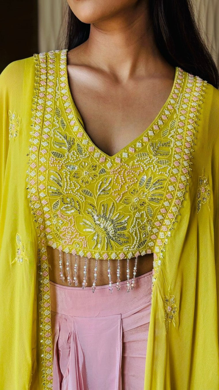 Yellow Extended Cape Choli Set