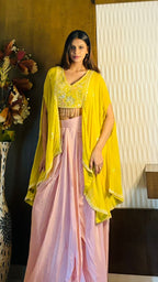 Yellow Extended Cape Choli Set