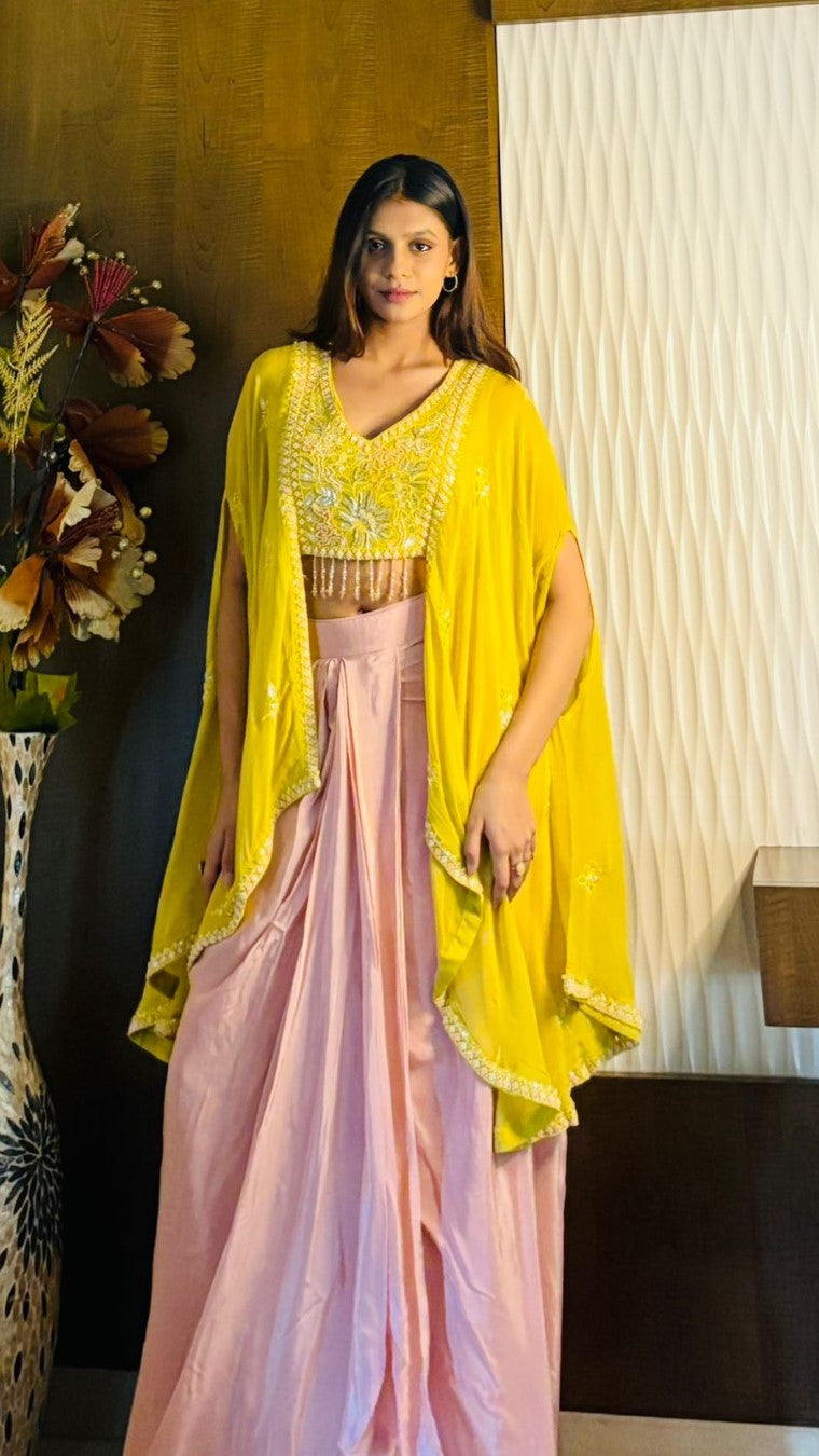 Yellow Extended Cape Choli Set