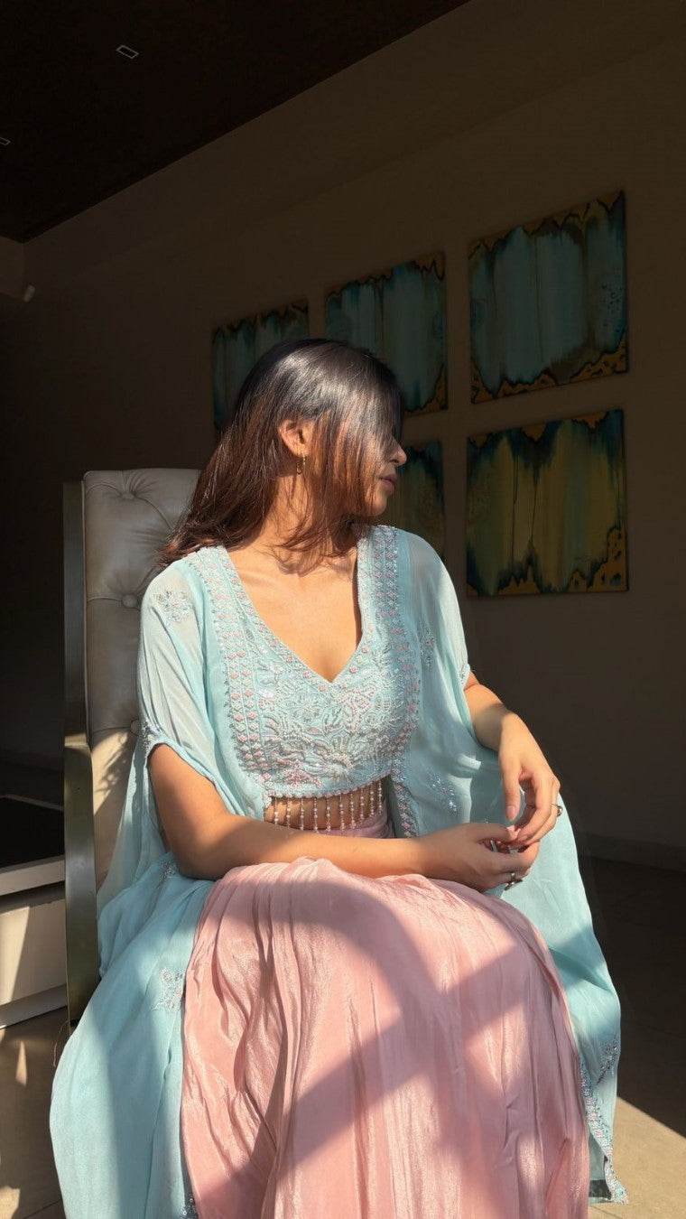 Baby Blue Extended Cape Choli Set