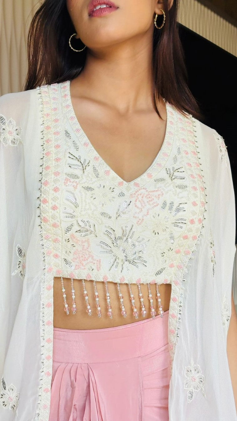Cream Extended Cape Choli Set