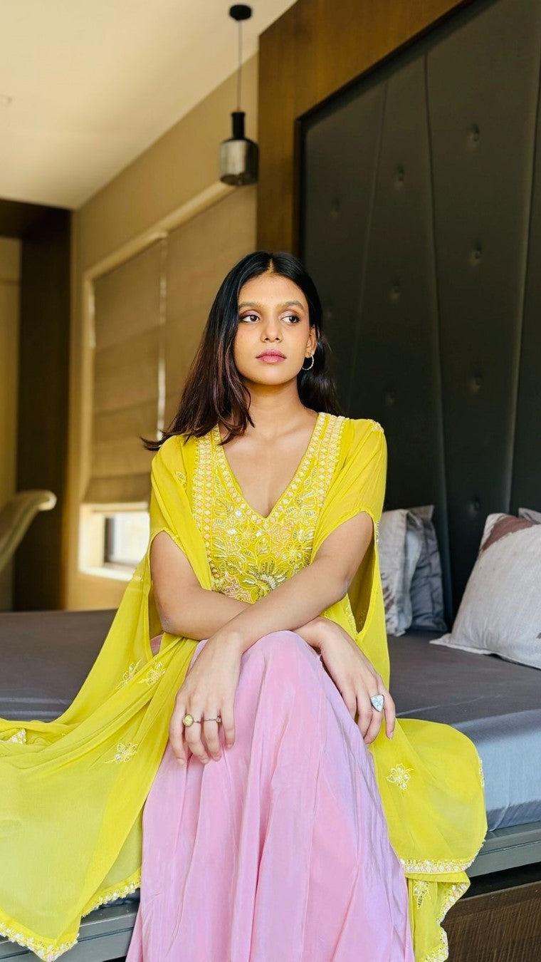 Yellow Extended Cape Choli Set