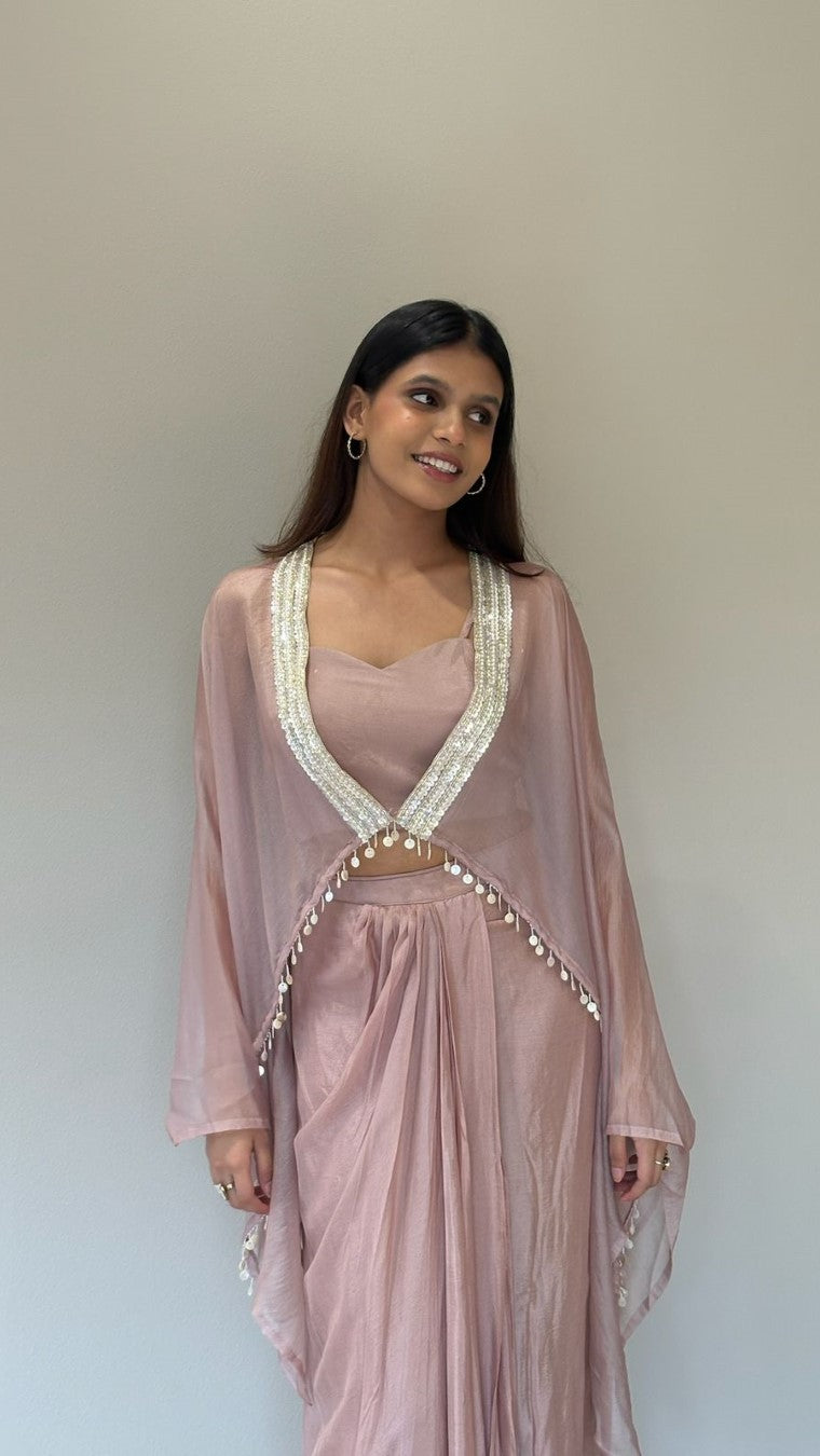 Choco Poncho Cape Pleated Skirt Set