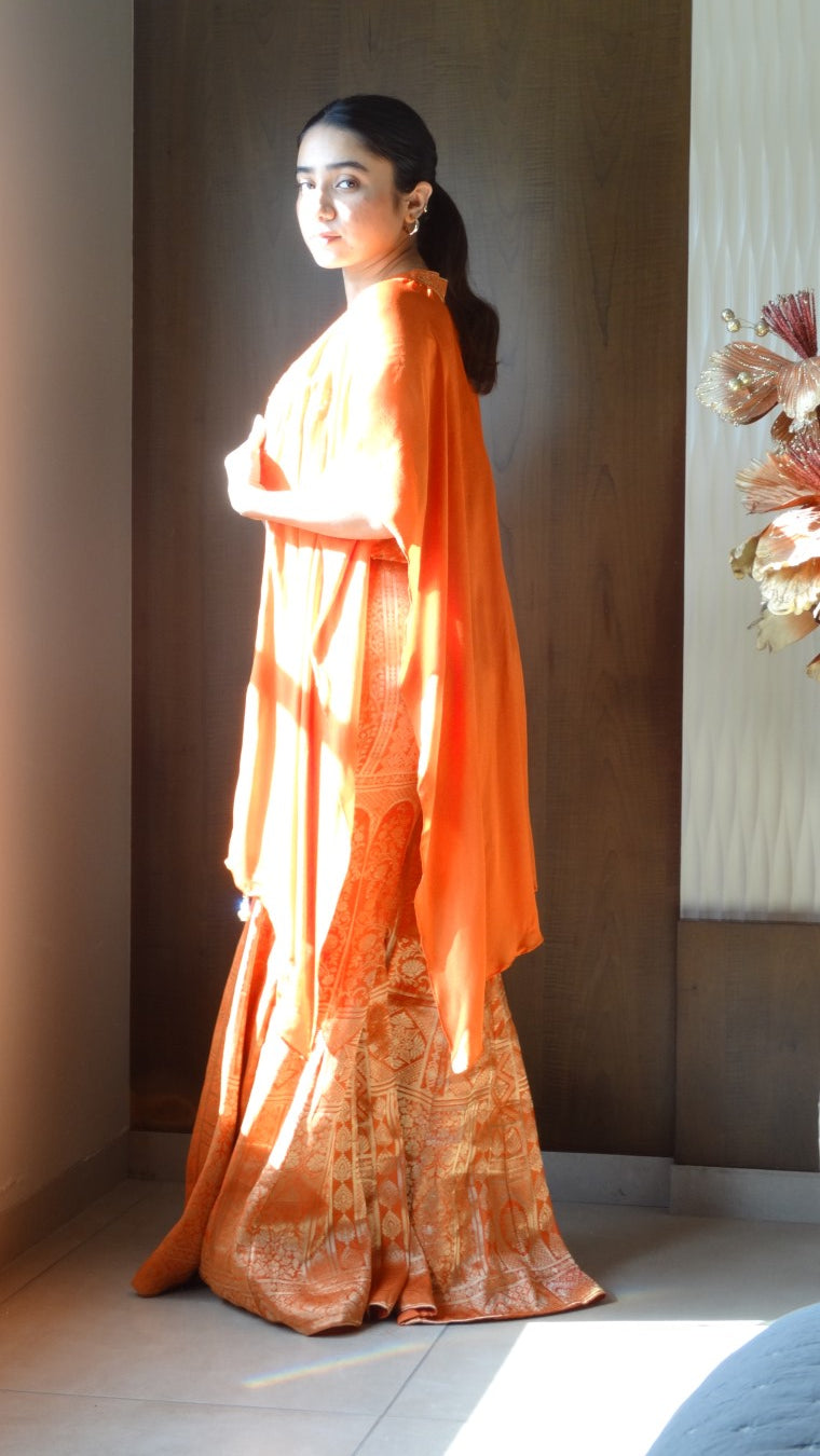 Orange banarasi corset palazzo set with chinon cape | Co-ord Set