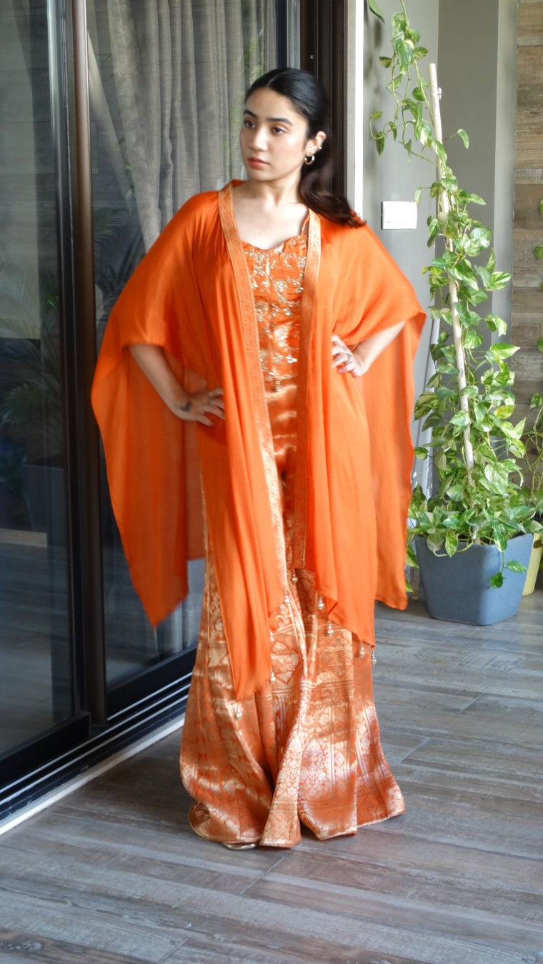 Orange banarasi corset palazzo set with chinon cape | Co-ord Set