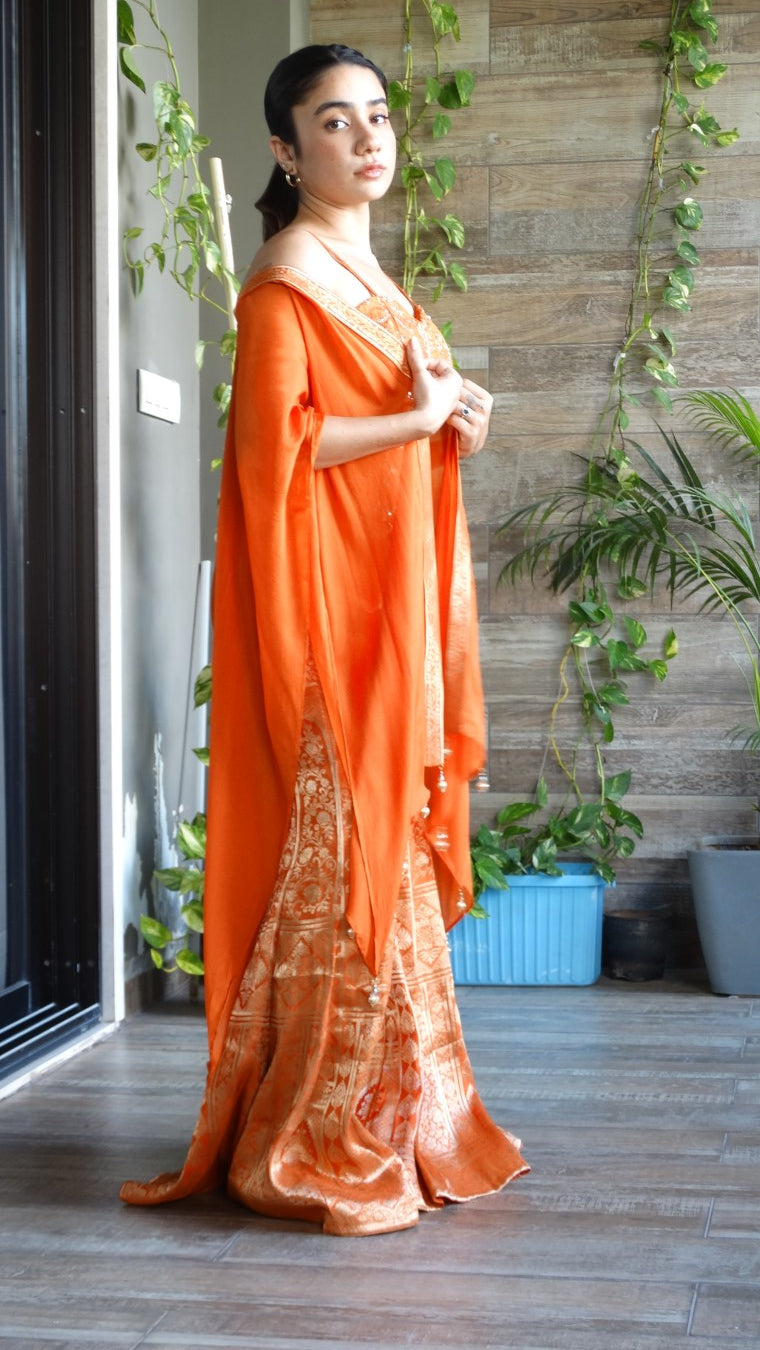 Orange banarasi corset palazzo set with chinon cape | Co-ord Set