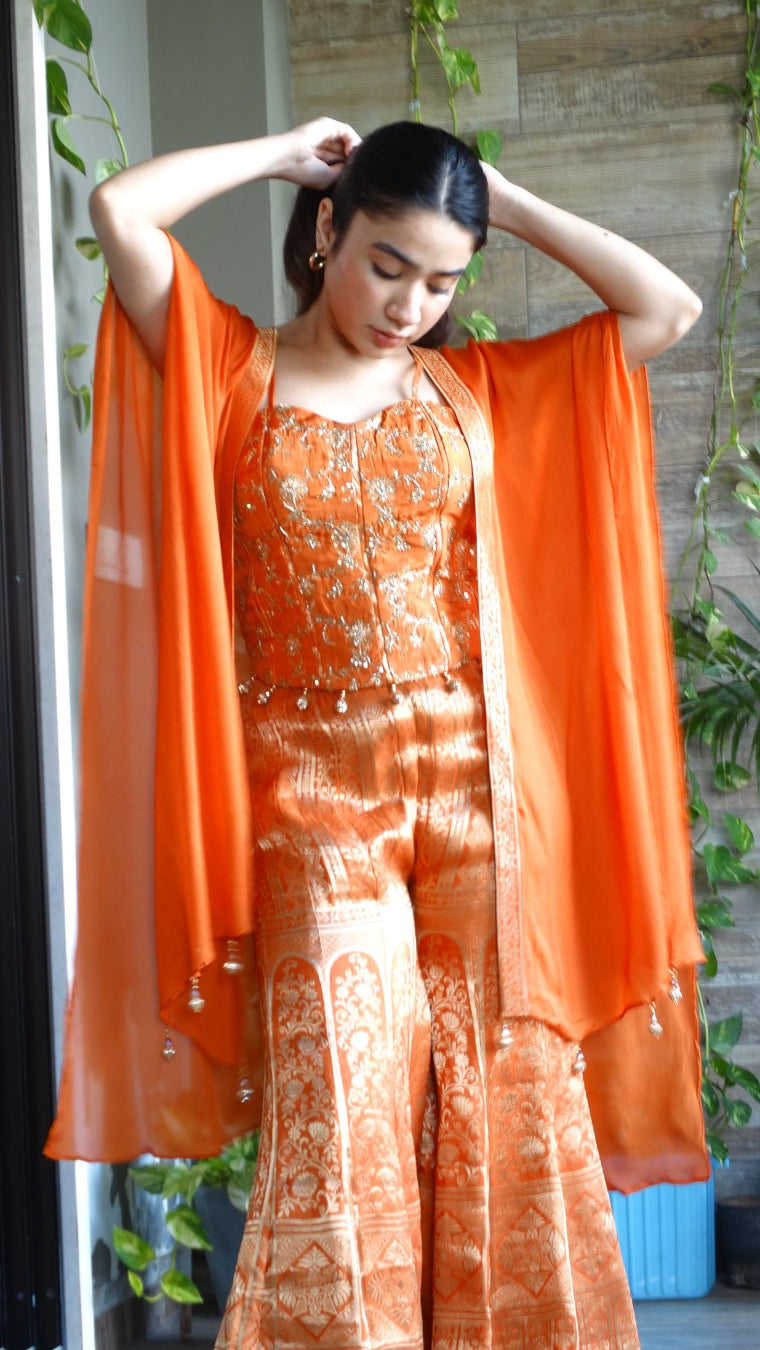 Orange banarasi corset palazzo set with chinon cape | Co-ord Set