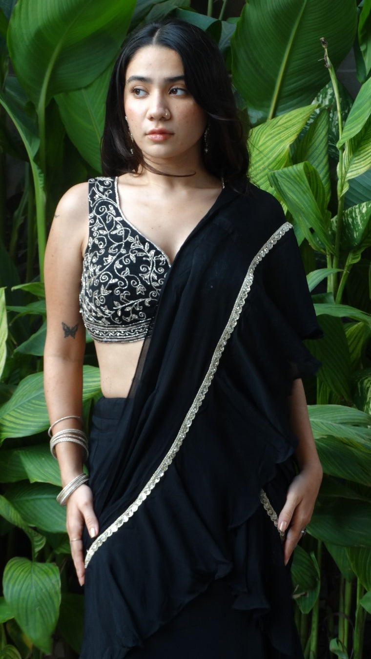 Black Retro Ruffled Pre-Drape Saree