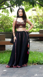 Black embroidered choli palazzo set with choker dupatta | flared pants and crop top