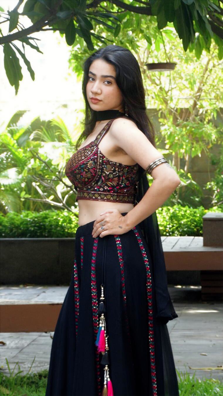 Black embroidered choli palazzo set with choker dupatta | flared pants and crop top