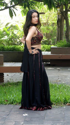 Black embroidered choli palazzo set with choker dupatta | flared pants and crop top