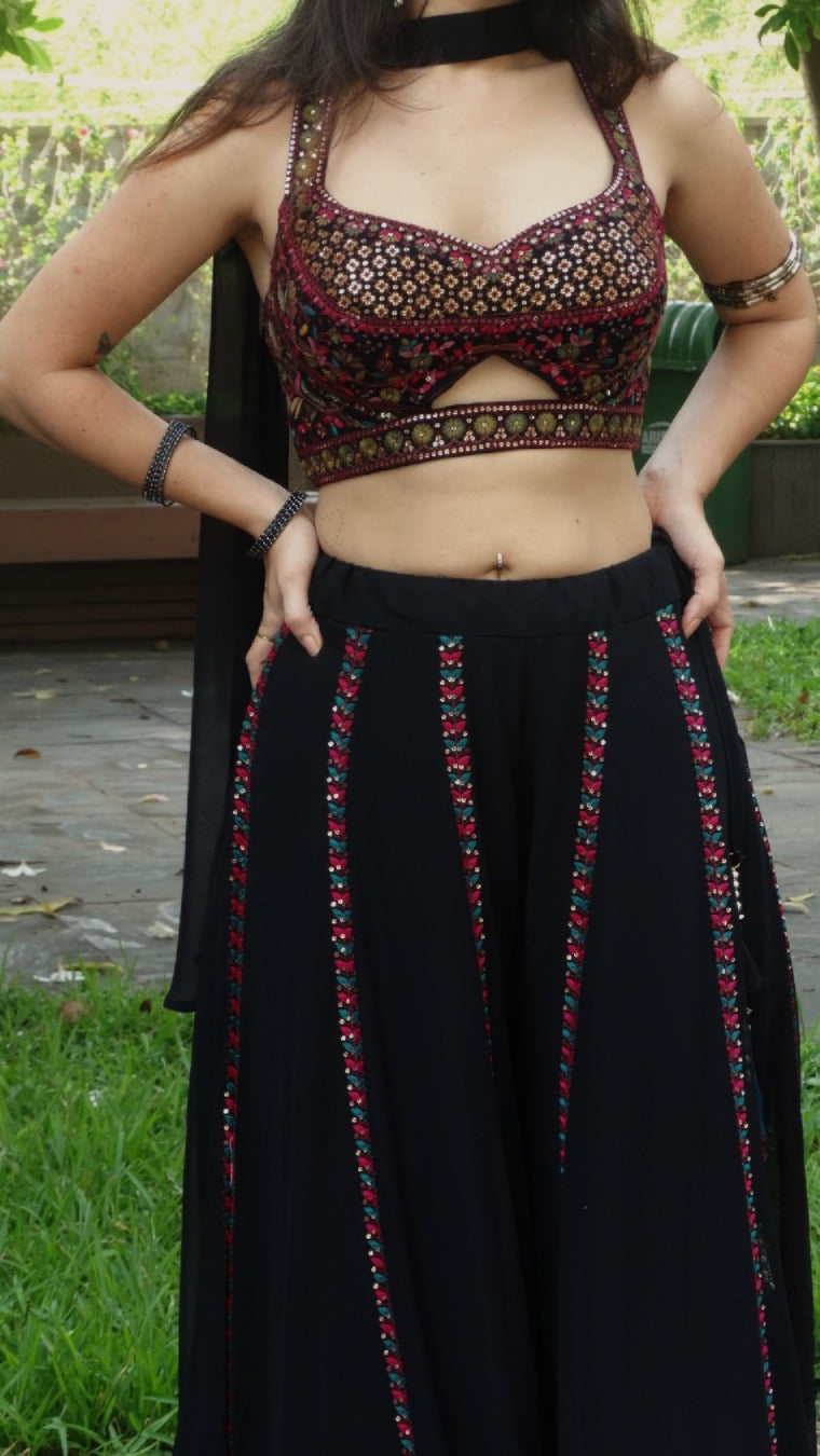 Black embroidered choli palazzo set with choker dupatta | flared pants and crop top