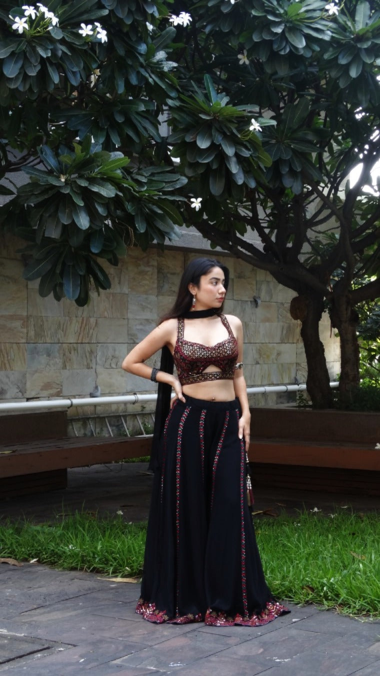 Black embroidered choli palazzo set with choker dupatta | flared pants and crop top