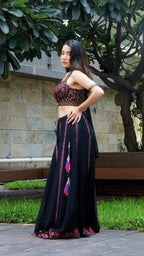 Black embroidered choli palazzo set with choker dupatta | flared pants and crop top