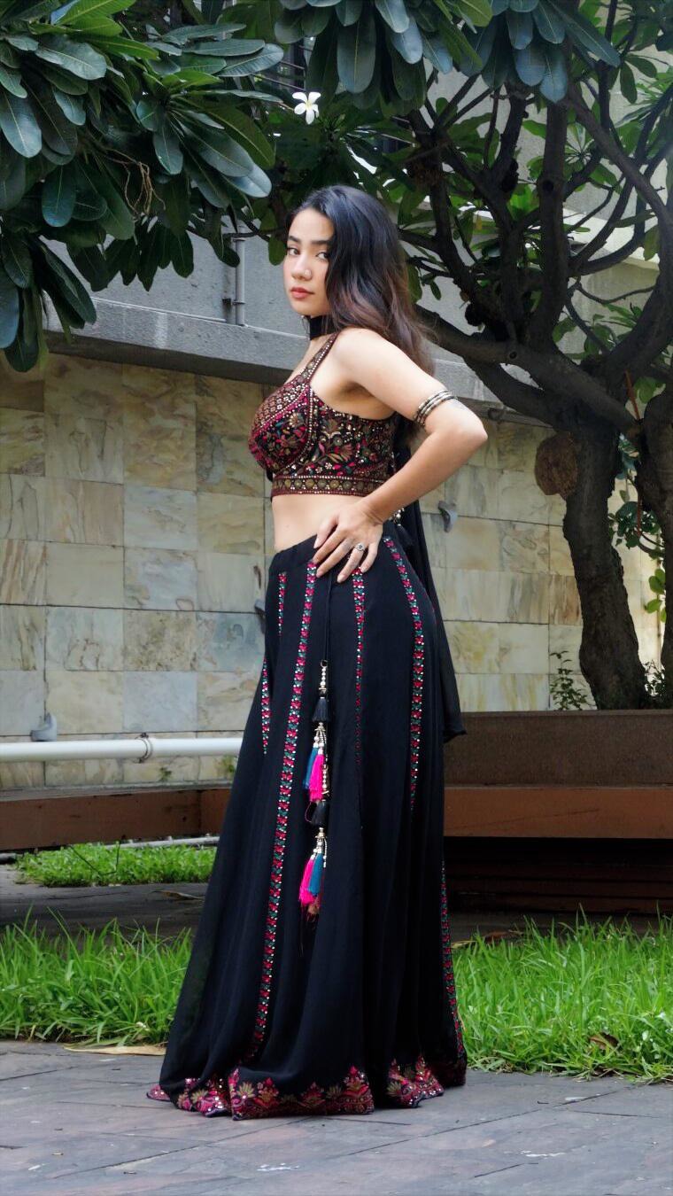 Black embroidered choli palazzo set with choker dupatta | flared pants and crop top