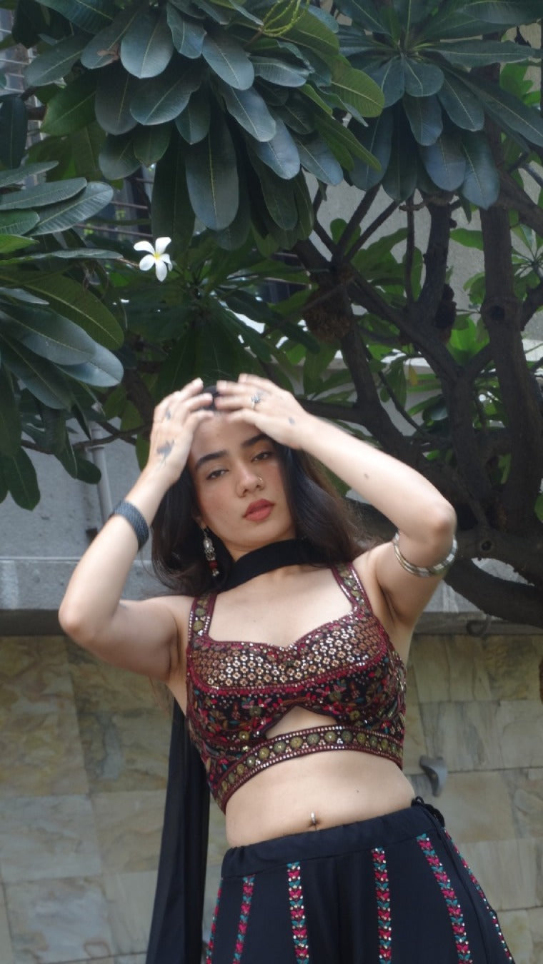 Black embroidered choli palazzo set with choker dupatta | flared pants and crop top