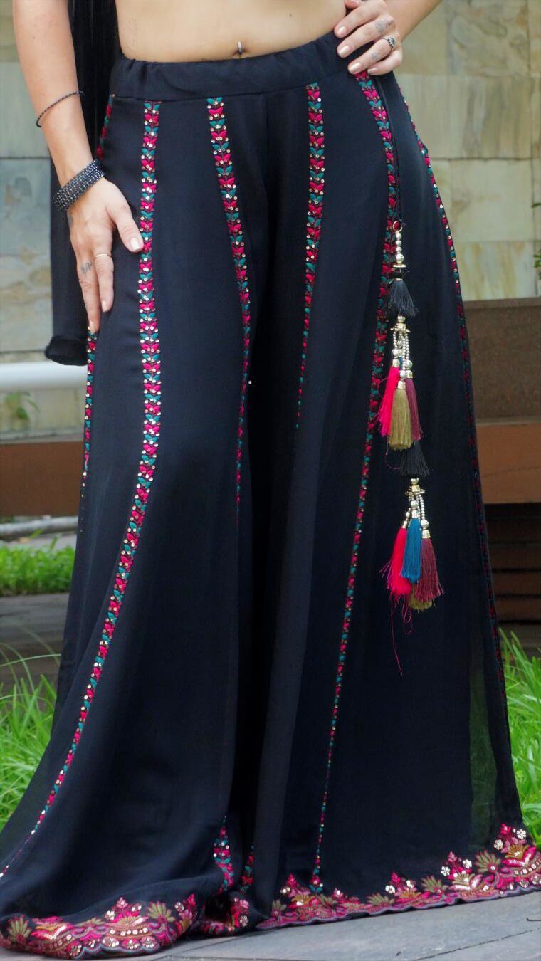 Black embroidered choli palazzo set with choker dupatta | flared pants and crop top