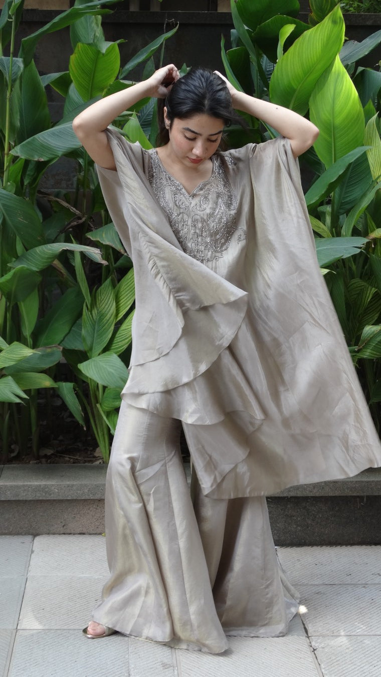 Crape tissue fabric Poncho cover, choli and flared palazzo | Co-ord set