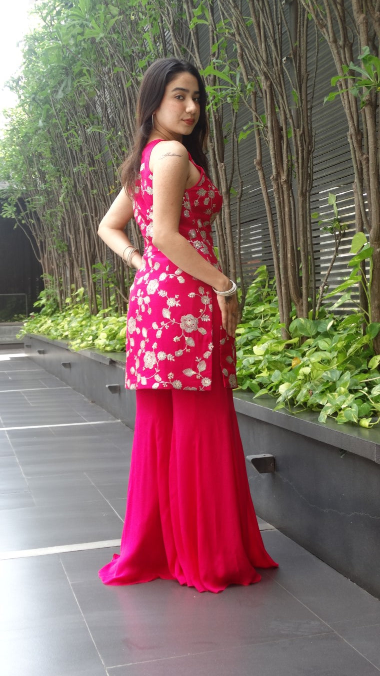 Rani Pink Sleeveless Kurti top with flared palazzo