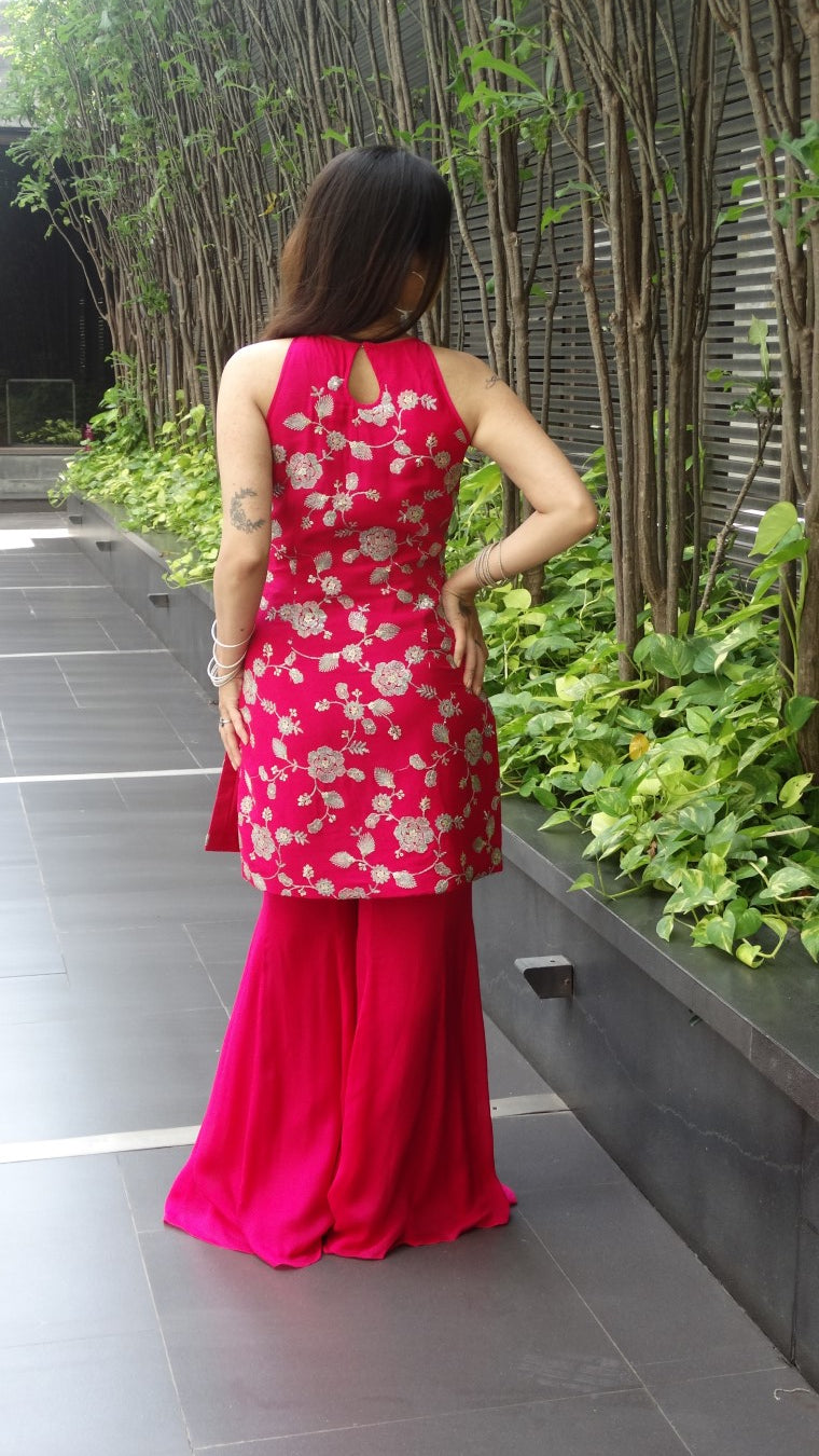 Rani Pink Sleeveless Kurti top with flared palazzo