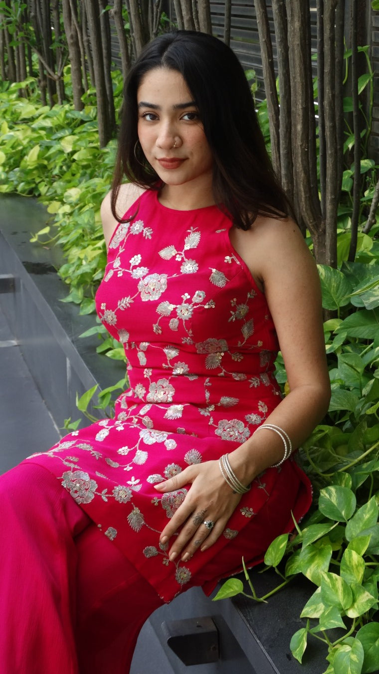 Rani Pink Sleeveless Kurti top with flared palazzo