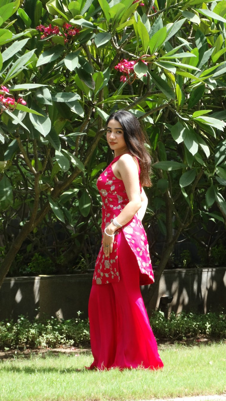 Rani Pink Sleeveless Kurti top with flared palazzo