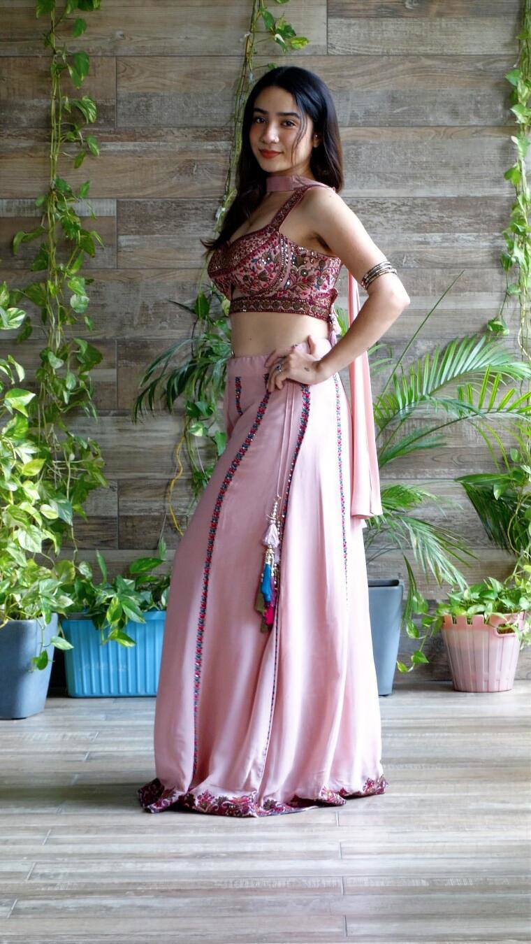 Pink embroidered choli palazzo set with choker dupatta | flared pants and crop top