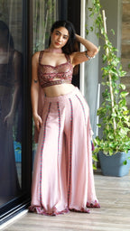 Pink embroidered choli palazzo set with choker dupatta | flared pants and crop top