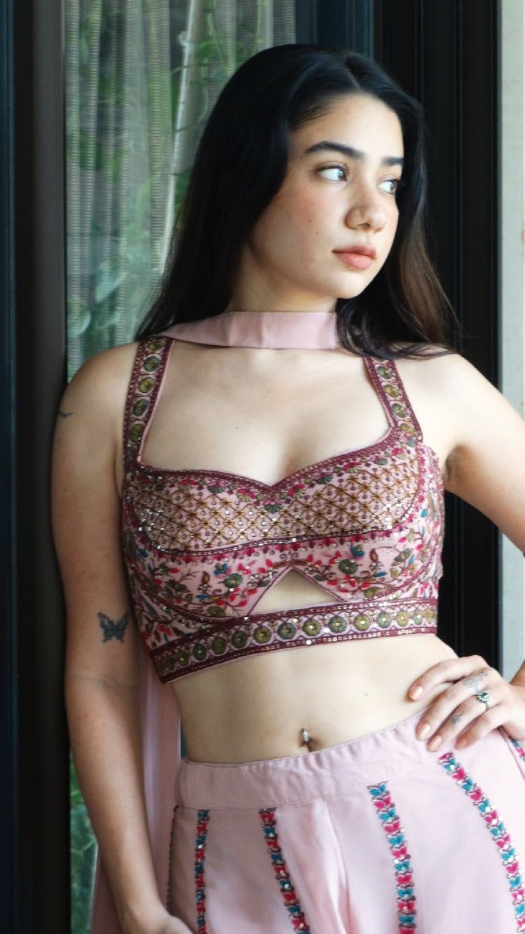 Pink embroidered choli palazzo set with choker dupatta | flared pants and crop top