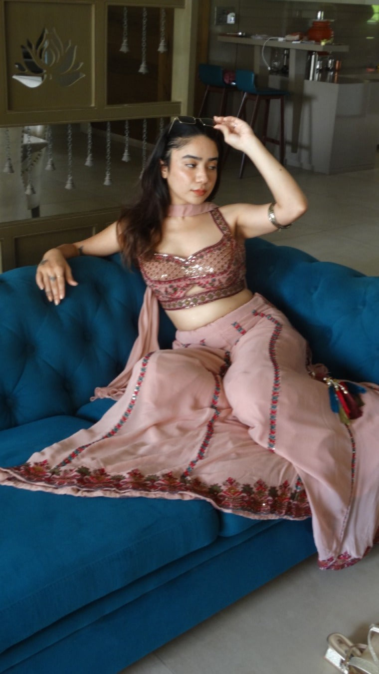 Pink embroidered choli palazzo set with choker dupatta | flared pants and crop top