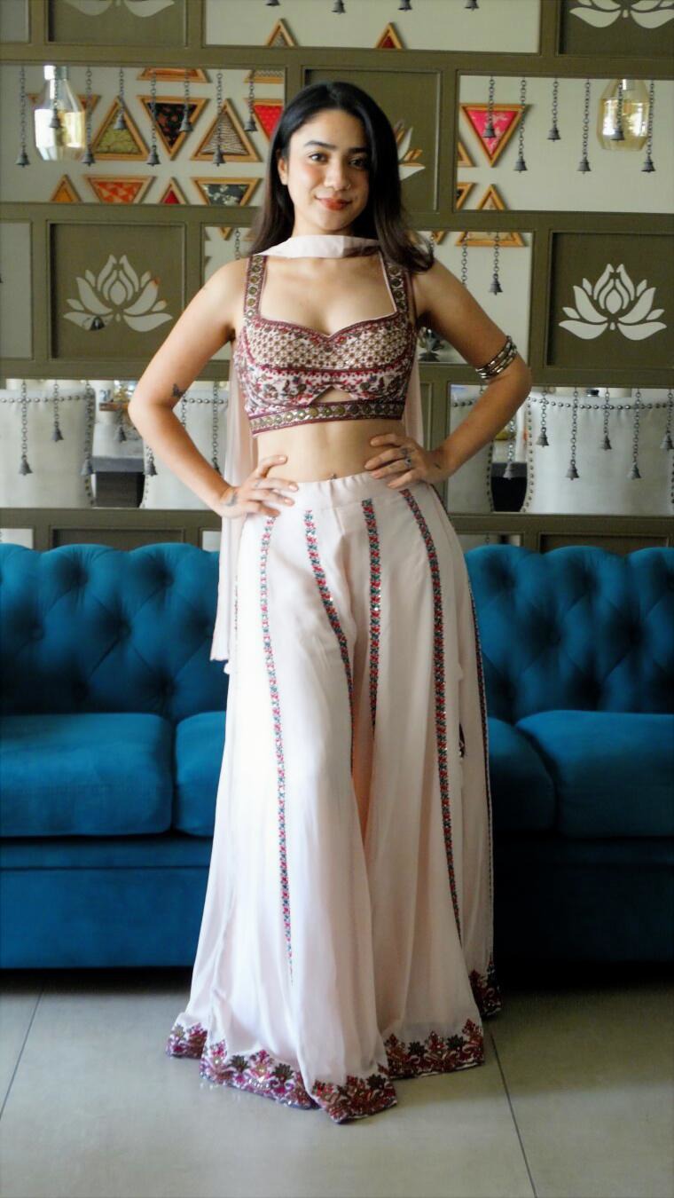 Cream embroidered choli palazzo set with choker dupatta | flared pants and crop top