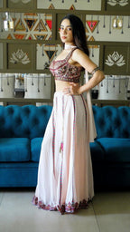 Cream embroidered choli palazzo set with choker dupatta | flared pants and crop top