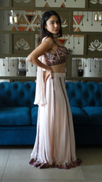 Cream embroidered choli palazzo set with choker dupatta | flared pants and crop top