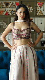 Cream embroidered choli palazzo set with choker dupatta | flared pants and crop top