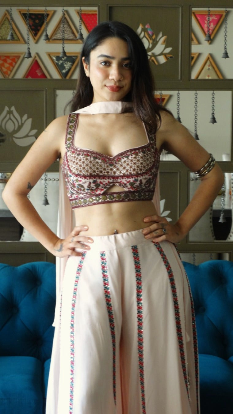 Cream embroidered choli palazzo set with choker dupatta | flared pants and crop top
