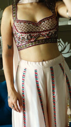 Cream embroidered choli palazzo set with choker dupatta | flared pants and crop top
