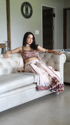 Cream embroidered choli palazzo set with choker dupatta | flared pants and crop top