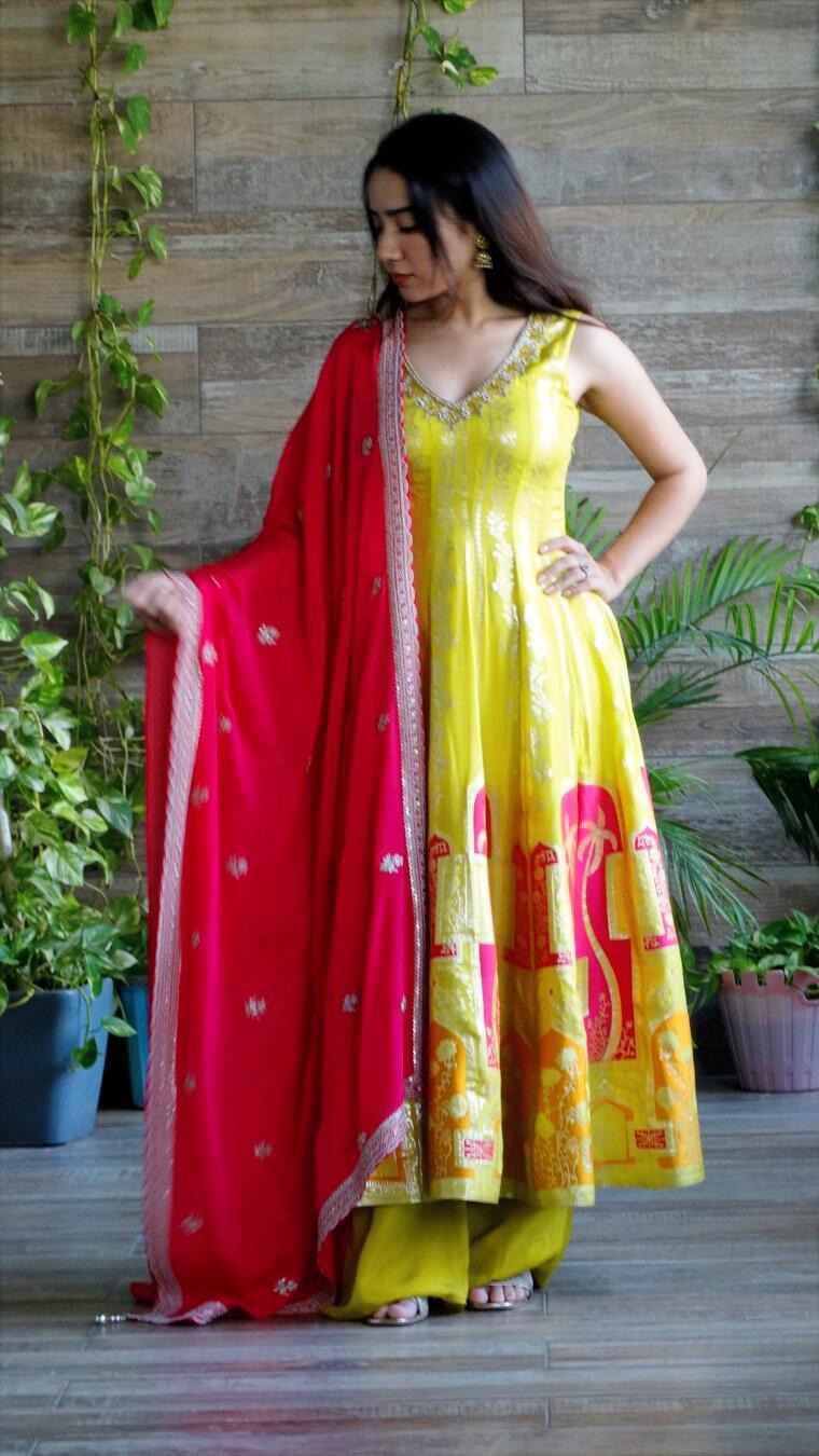 Yellow V neck Anarkali Suit with Palazzo and Contrast Dupatta