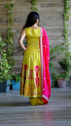 Yellow V neck Anarkali Suit with Palazzo and Contrast Dupatta