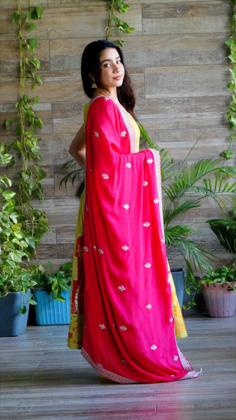 Yellow V neck Anarkali Suit with Palazzo and Contrast Dupatta