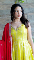 Yellow V neck Anarkali Suit with Palazzo and Contrast Dupatta