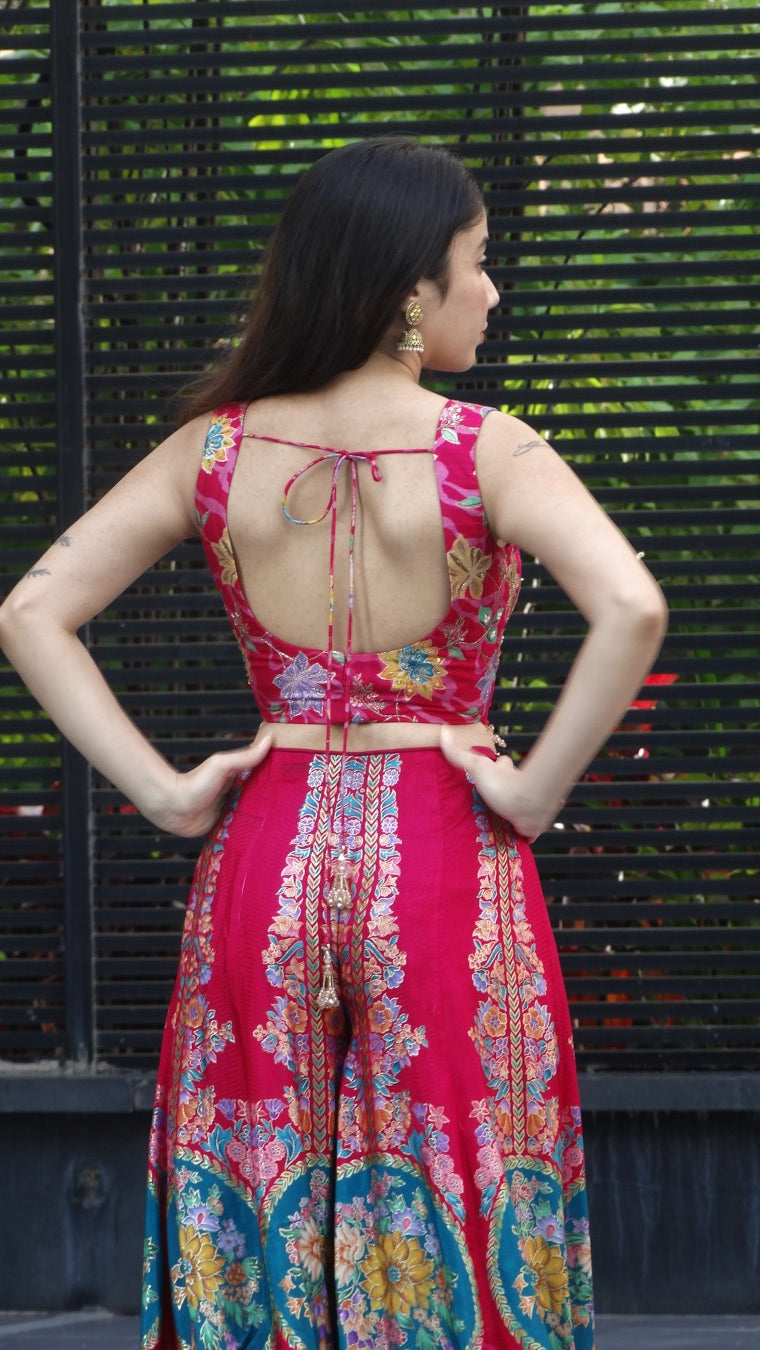 Pink Floral Motif Choli Palazzo set