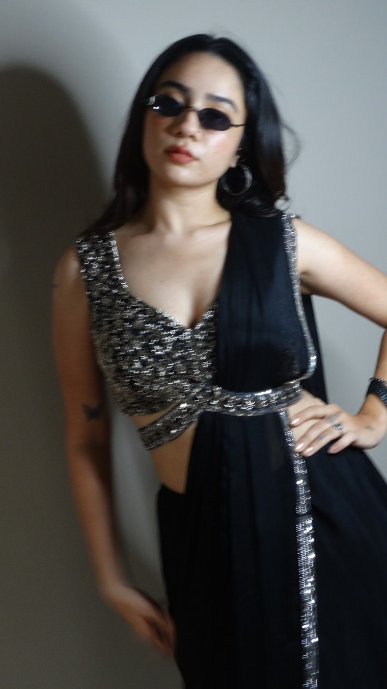 Black Ready-to-wear saree with Sequins choli