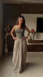 Embroidered Moss Green Structured Corset with Pleated Dhoti Skirt