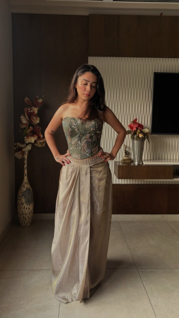 Embroidered Moss Green Structured Corset with Pleated Dhoti Skirt