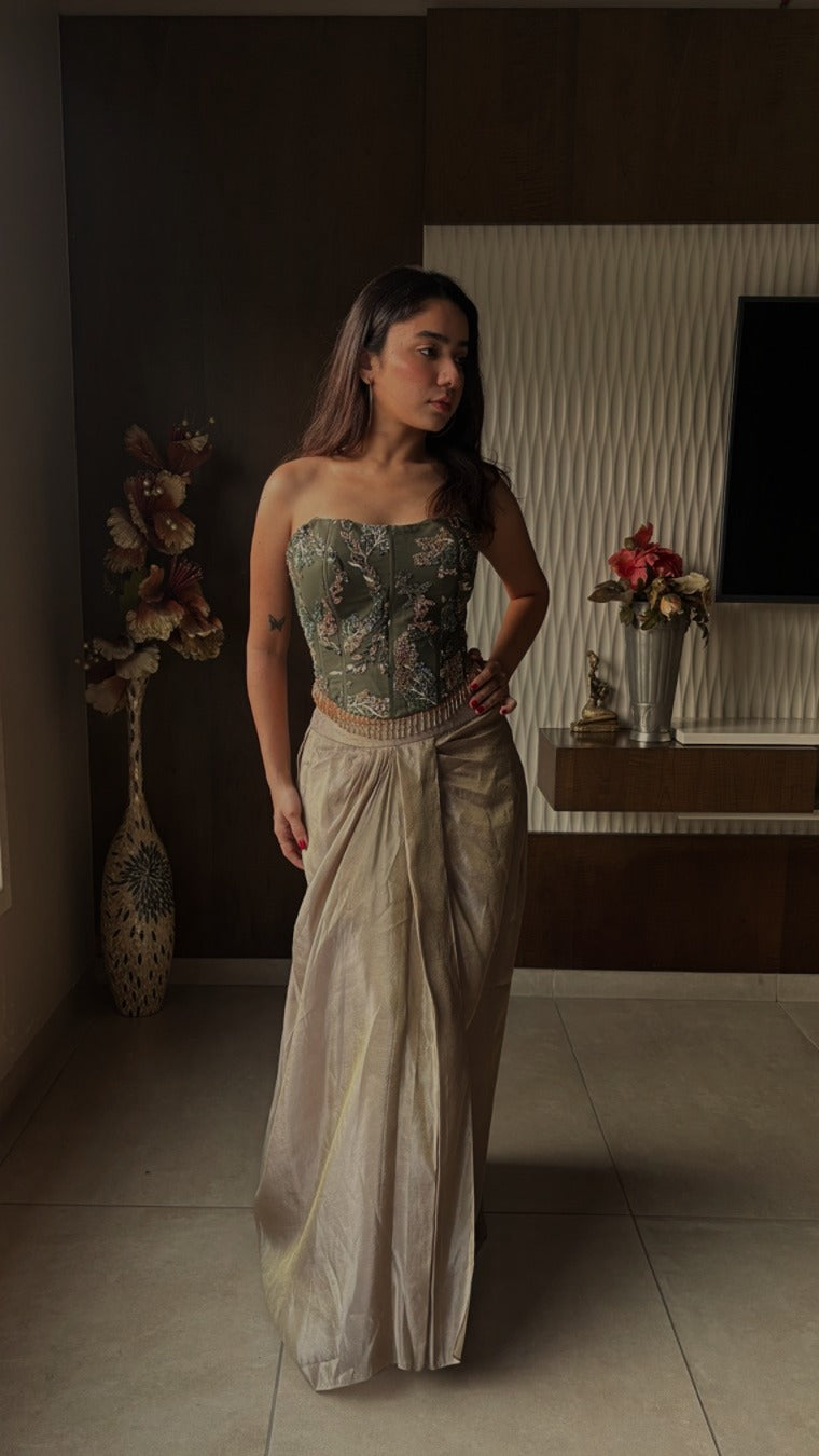 Embroidered Moss Green Structured Corset with Pleated Dhoti Skirt