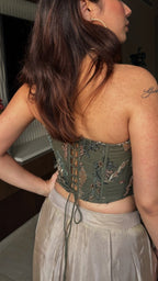 Embroidered Moss Green Structured Corset with Pleated Dhoti Skirt