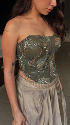 Embroidered Moss Green Structured Corset with Pleated Dhoti Skirt